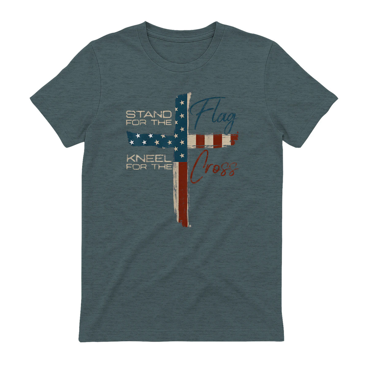 USA Flag Religious Quote Fourth of July Christian Faith T-Shirt in Dark Heather - back view