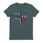 USA Flag Religious Quote Fourth of July Christian Faith T-Shirt in Dark Heather - back view