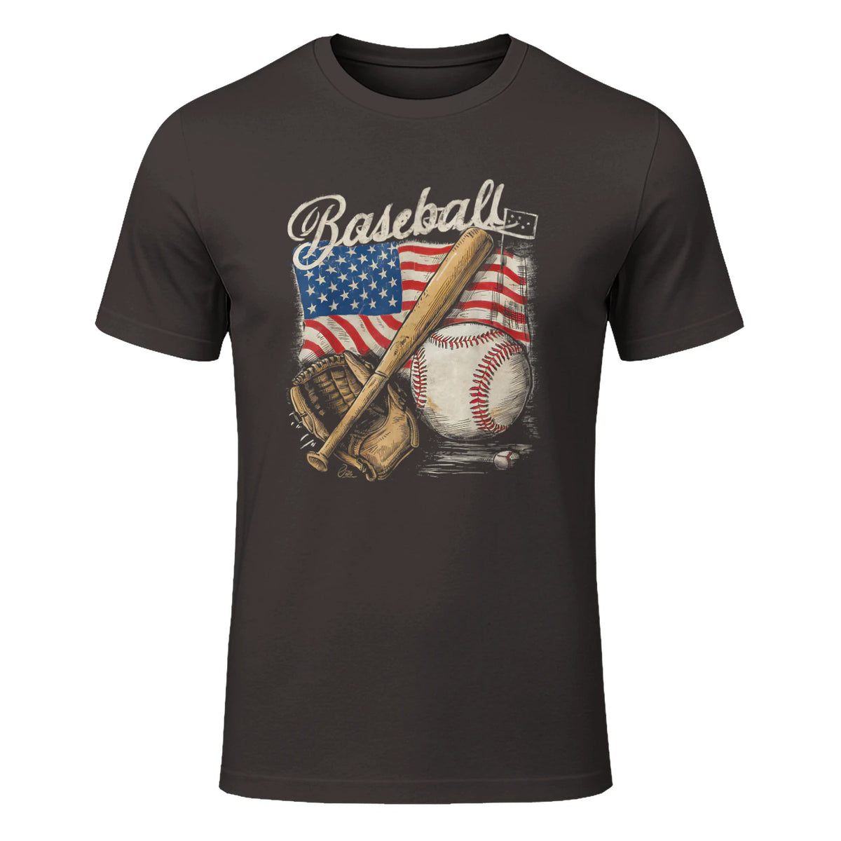 American Flag Baseball Player Bat Fan Catcher Pitcher USA T-Shirt in Dark Chocolate - front view