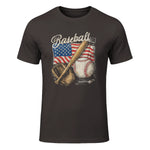 American Flag Baseball Player Bat Fan Catcher Pitcher USA T-Shirt in Dark Chocolate - front view