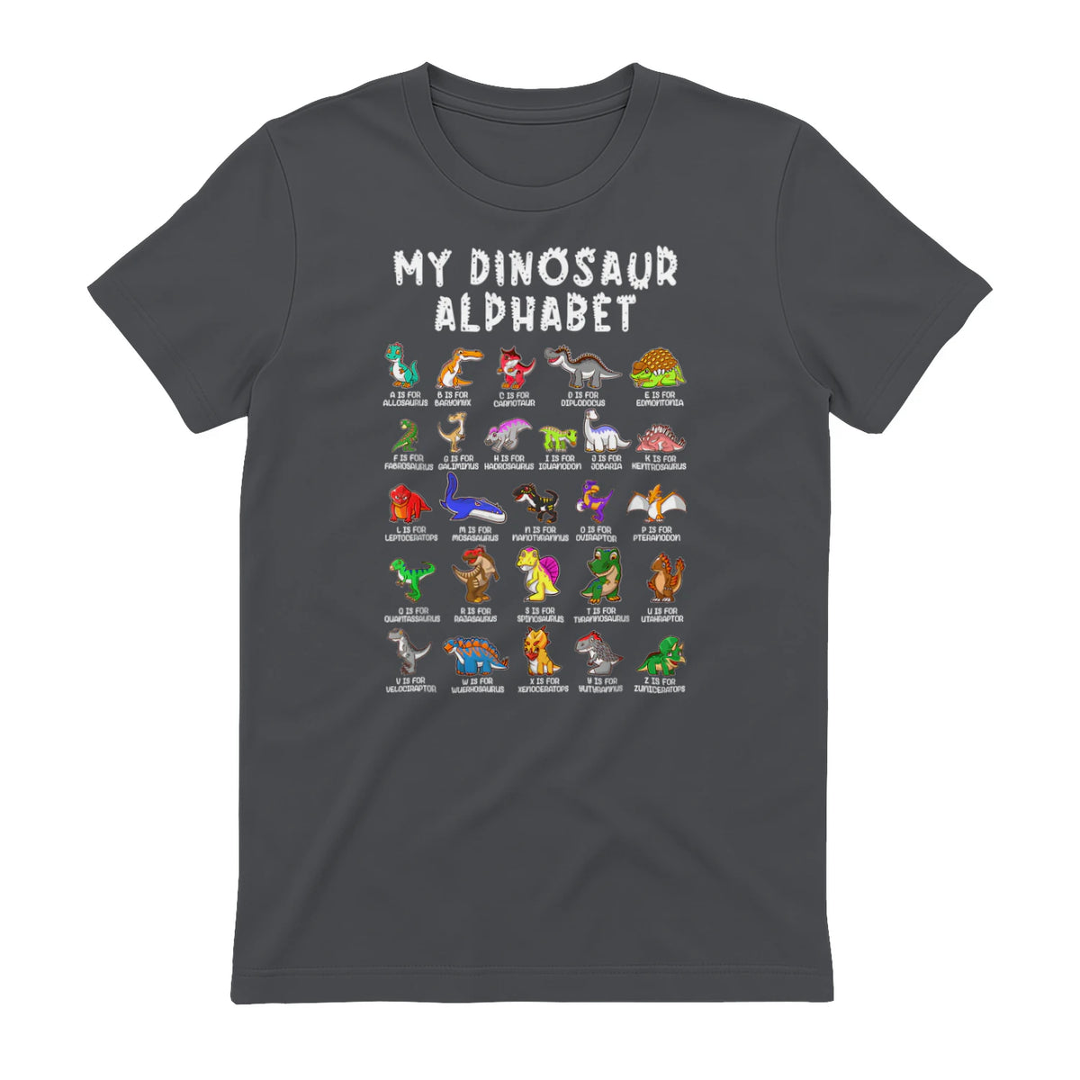 Types Of Dinosaurs Alphabet Dino Identification T-Shirt in Charcoal - back view