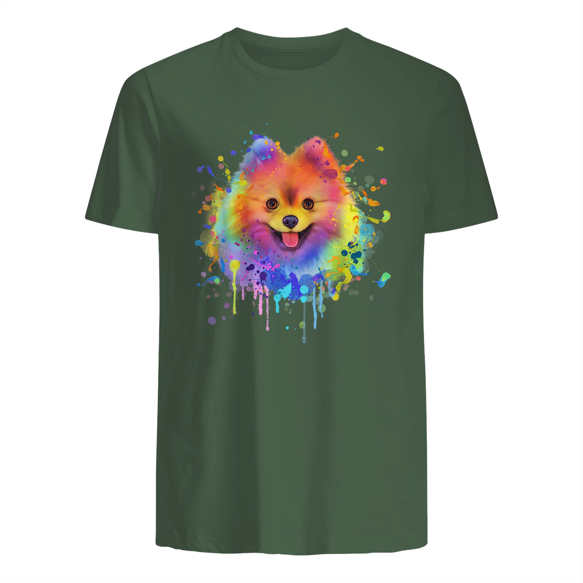 Colorful Splash Art Poméranie Portrait Pom Puppy Owner in Military Green - back view