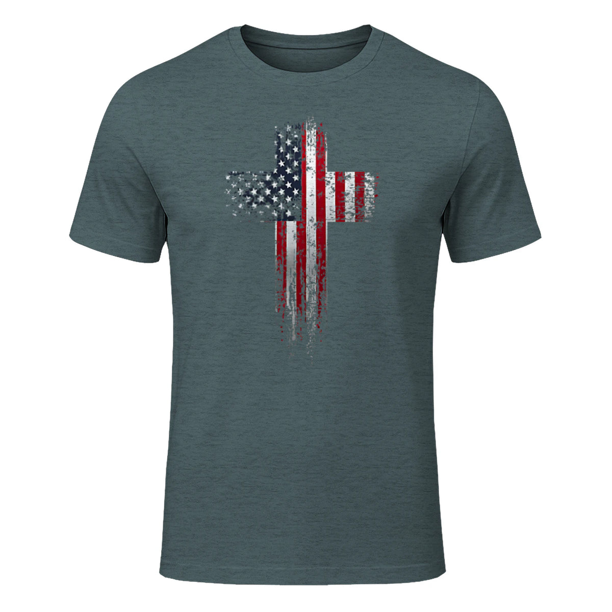 American USA Flag Christian Cross T-Shirt in Dark Heather - front view