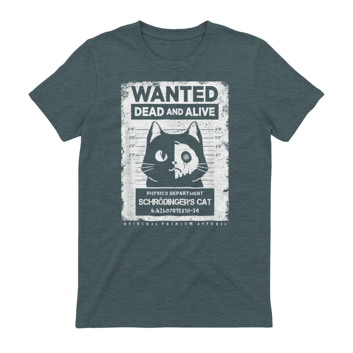 Schrödinger's Cat Wanted Dead And Alive Physics Physicist T-Shirt in Dark Heather - back view