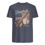 American Flag Baseball Player Bat Fan Catcher Pitcher USA T-Shirt in Heather Navy - back view