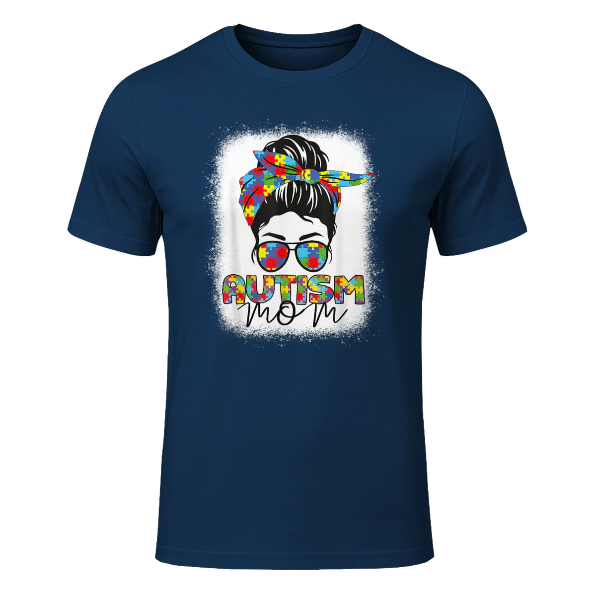 Autism Mom Life Messy Bun T-Shirt in Navy - front view