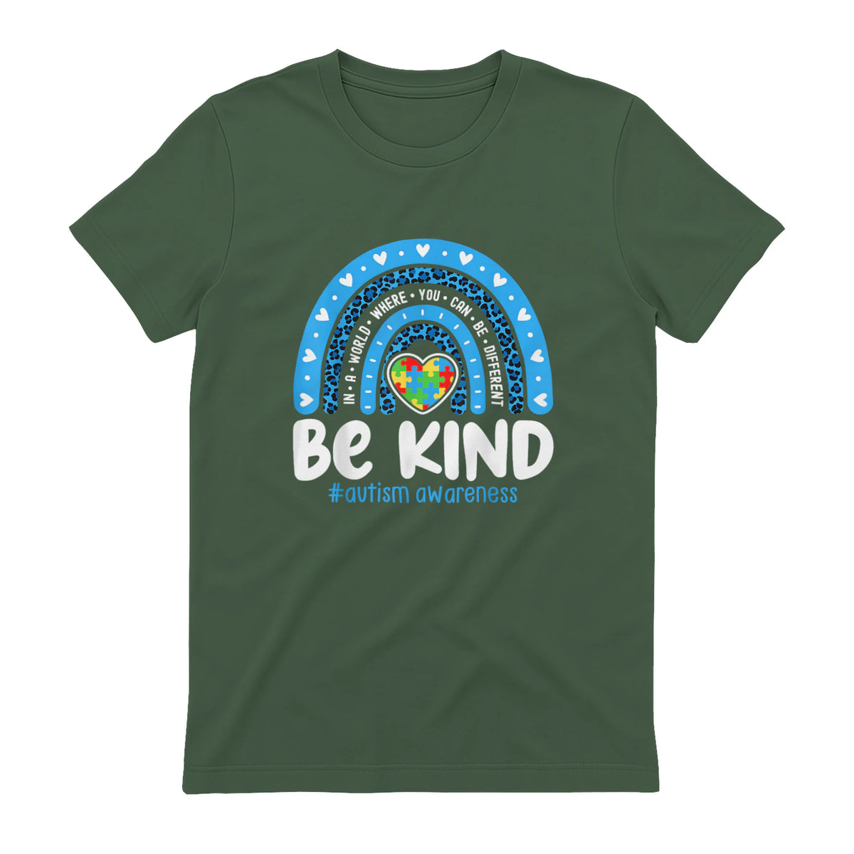In April We Wear Blue Autism Ribbon T-Shirt in Military Green - back view