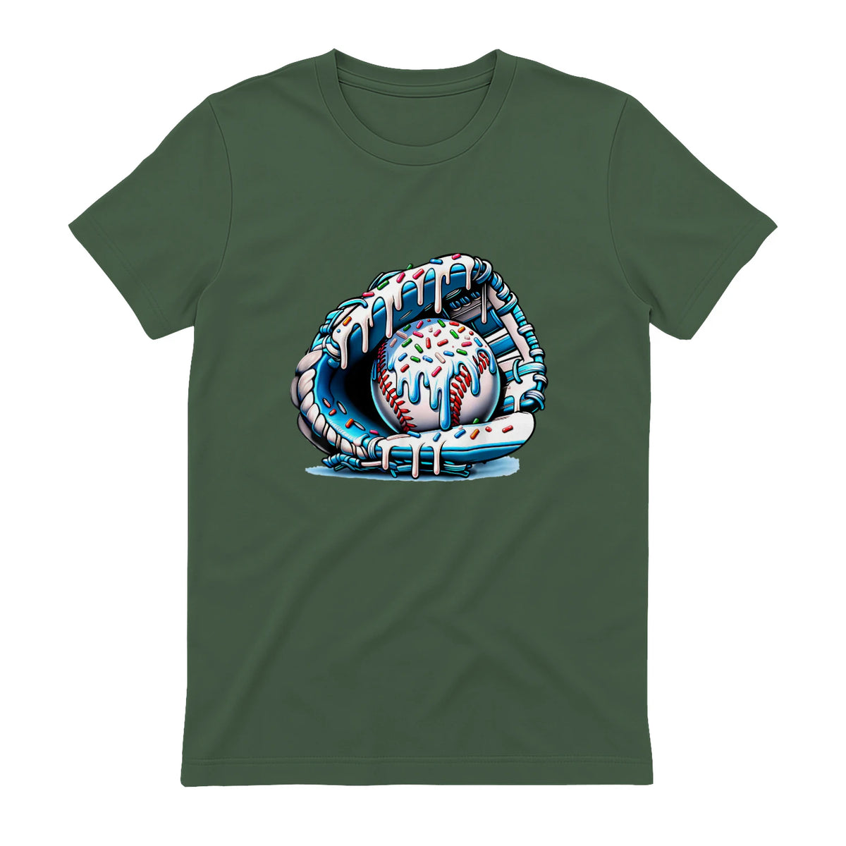 Baseball Drip Ice Cream Sprinkles Baseball Glove T-Shirt in Military Green - back view