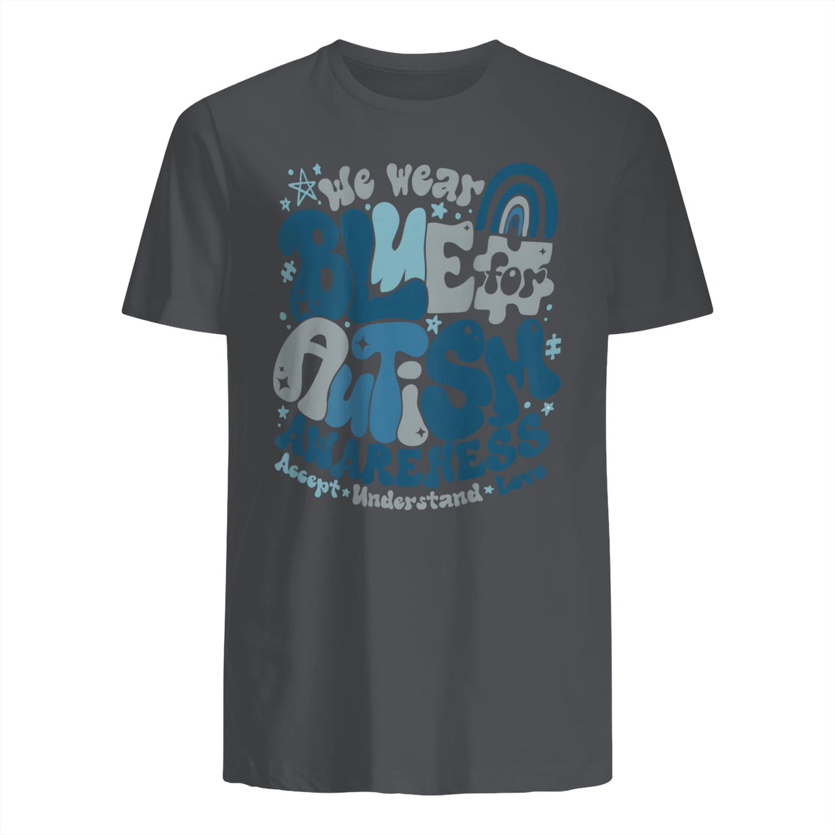 In April We Wear Blue Autism Awareness T-Shirt in Charcoal - back view