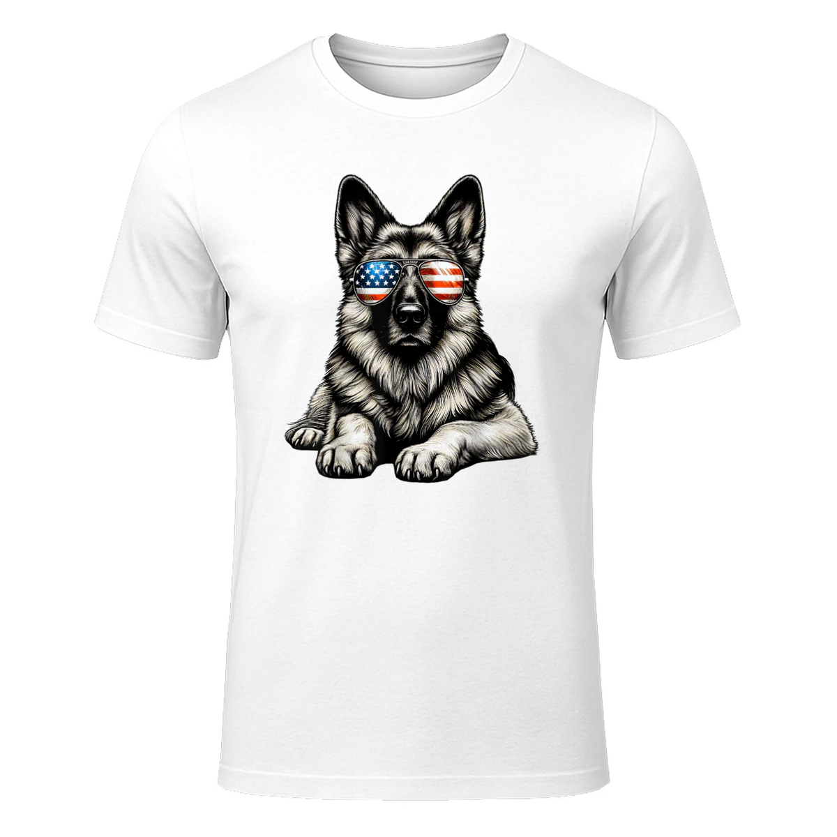 German Shepherd American Flag Sunglasses Patriotic T-Shirt in White - front view