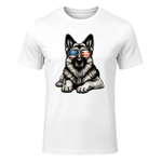 German Shepherd American Flag Sunglasses Patriotic T-Shirt in White - front view
