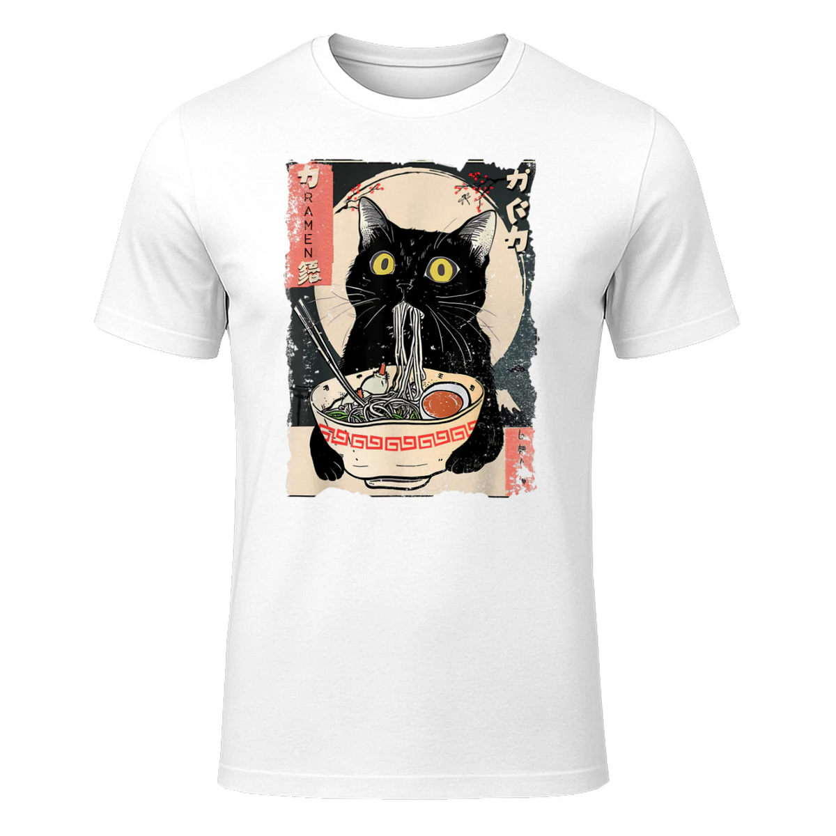 Kawaii Cat Eating Ramen Noodles Funny Anime Gift Girls Teens T-Shirt in White - front view