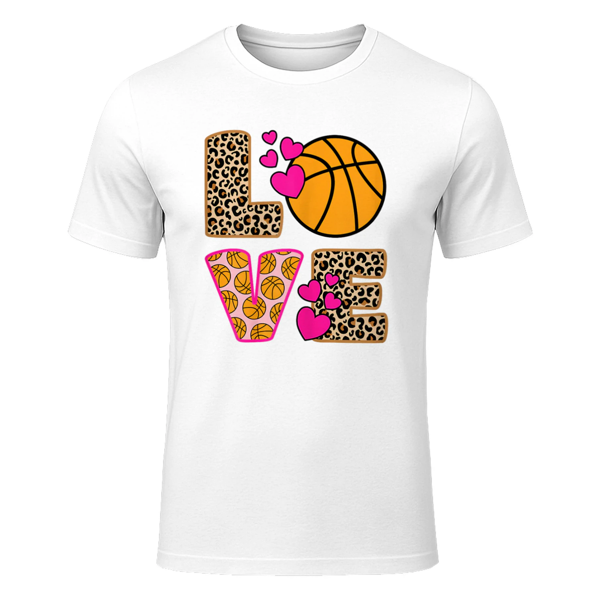 Cute Love Basketball Leopard Women Girls Basketball T-Shirt in White - front view