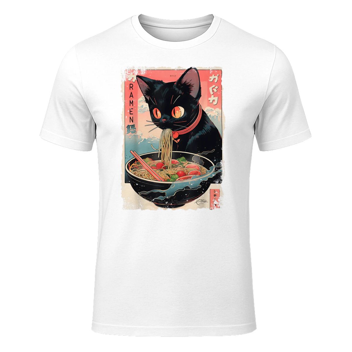 Ramen Noodles Cat Japan Y2K Kawaii Retro Cats Manga Anime T-Shirt in White - front view