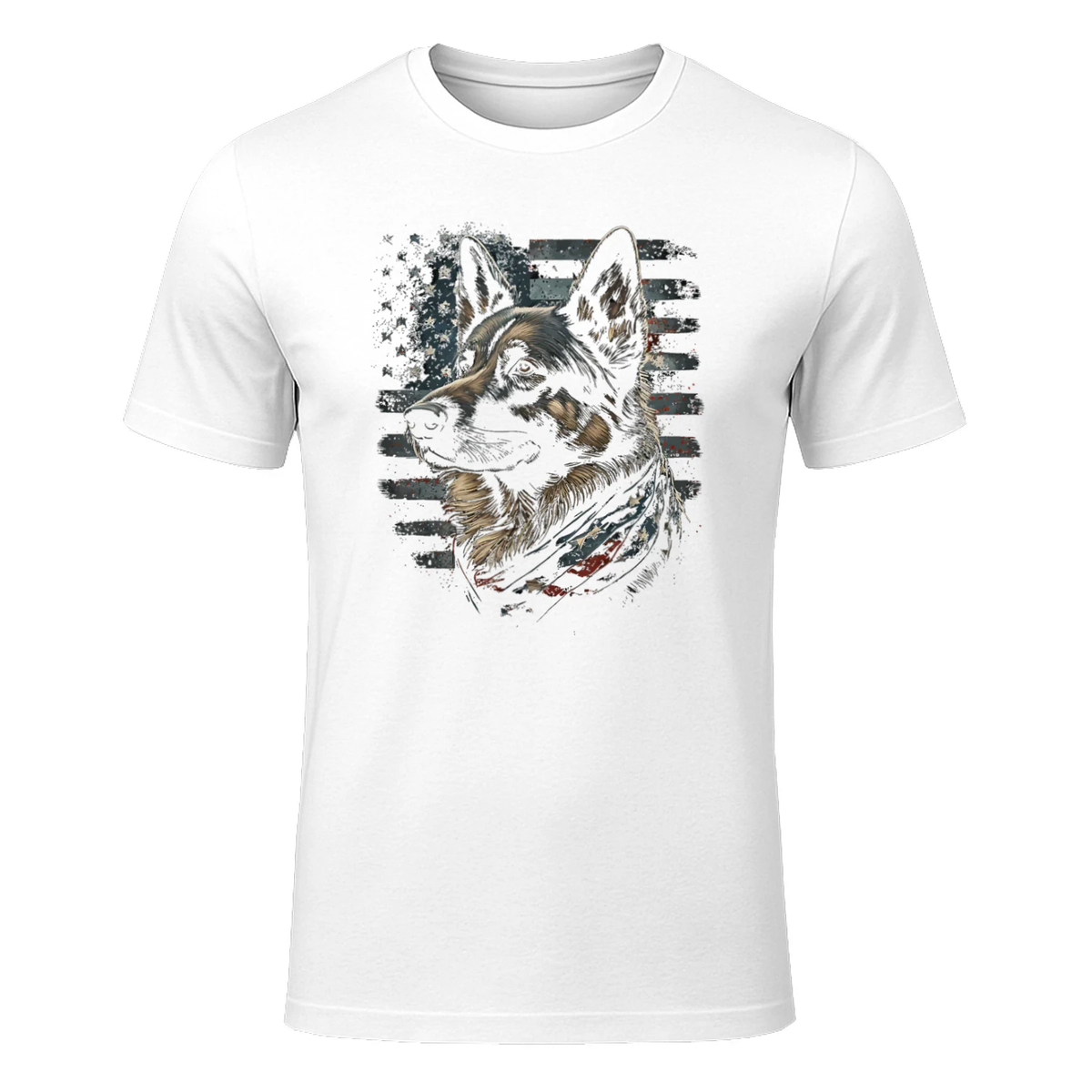 German Shepherd USA Flag Patriotic Shepherd T-Shirt in White - front view