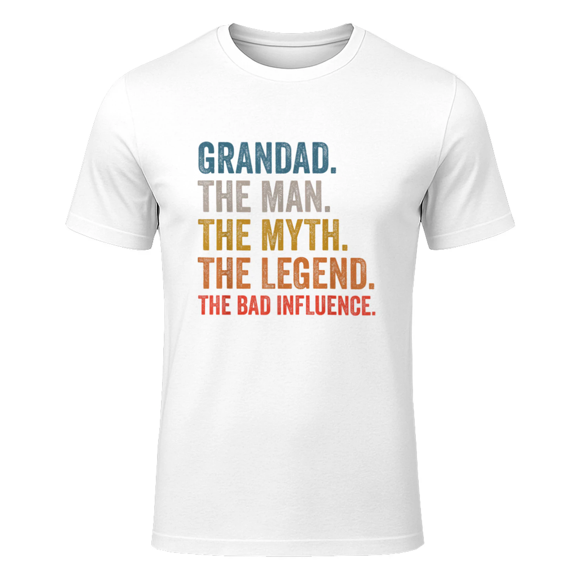Birthdays & Fathers day Tee Store Grandad The Man The Myth The Legend The Bad Influence Black Cotton 100% T-Shirt in White - front view