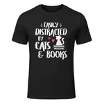 Easily Distracted by Cats and Books - Cat & Book Lover T-Shirt in Black - front view