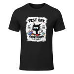 Test Day Funny Stressed Cat Teacher Student Kids Testing Day T-Shirt in Black - front view