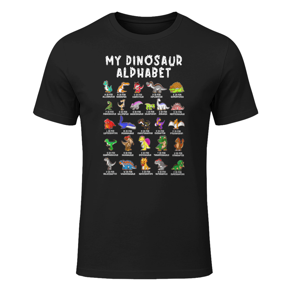 Types Of Dinosaurs Alphabet Dino Identification in Black - front view