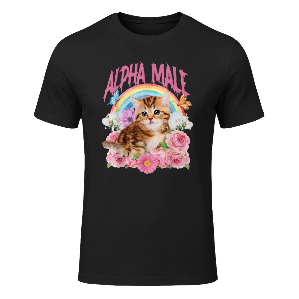 Alpha Male Funny Cat Kitten Rainbow Floral T-Shirt in Black - front view
