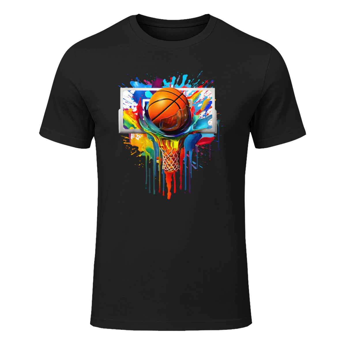 Colorful Basketball Tie Dye Color Splash Hoop Net Slam Dunk T-Shirt in Black - front view