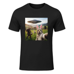 Funny Cat Selfie with Easter Bunny Bigfoot UFO for Men Women T-Shirt in Black - front view