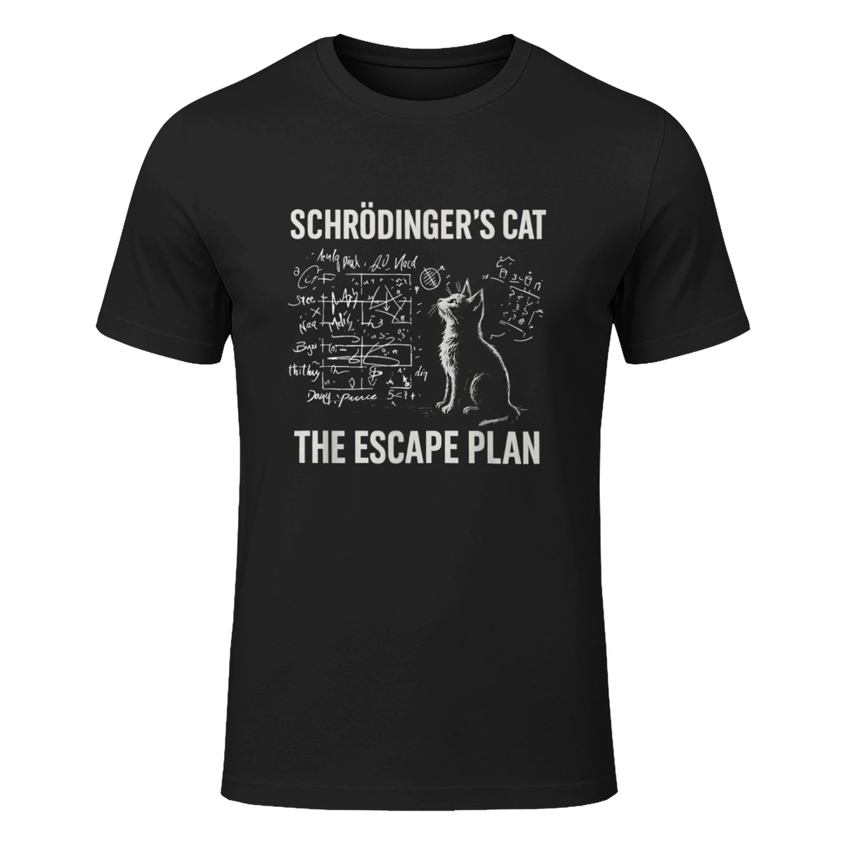 Schrödingers Cat The Escape Plan Funny Science Teacher T-Shirt in Black - front view