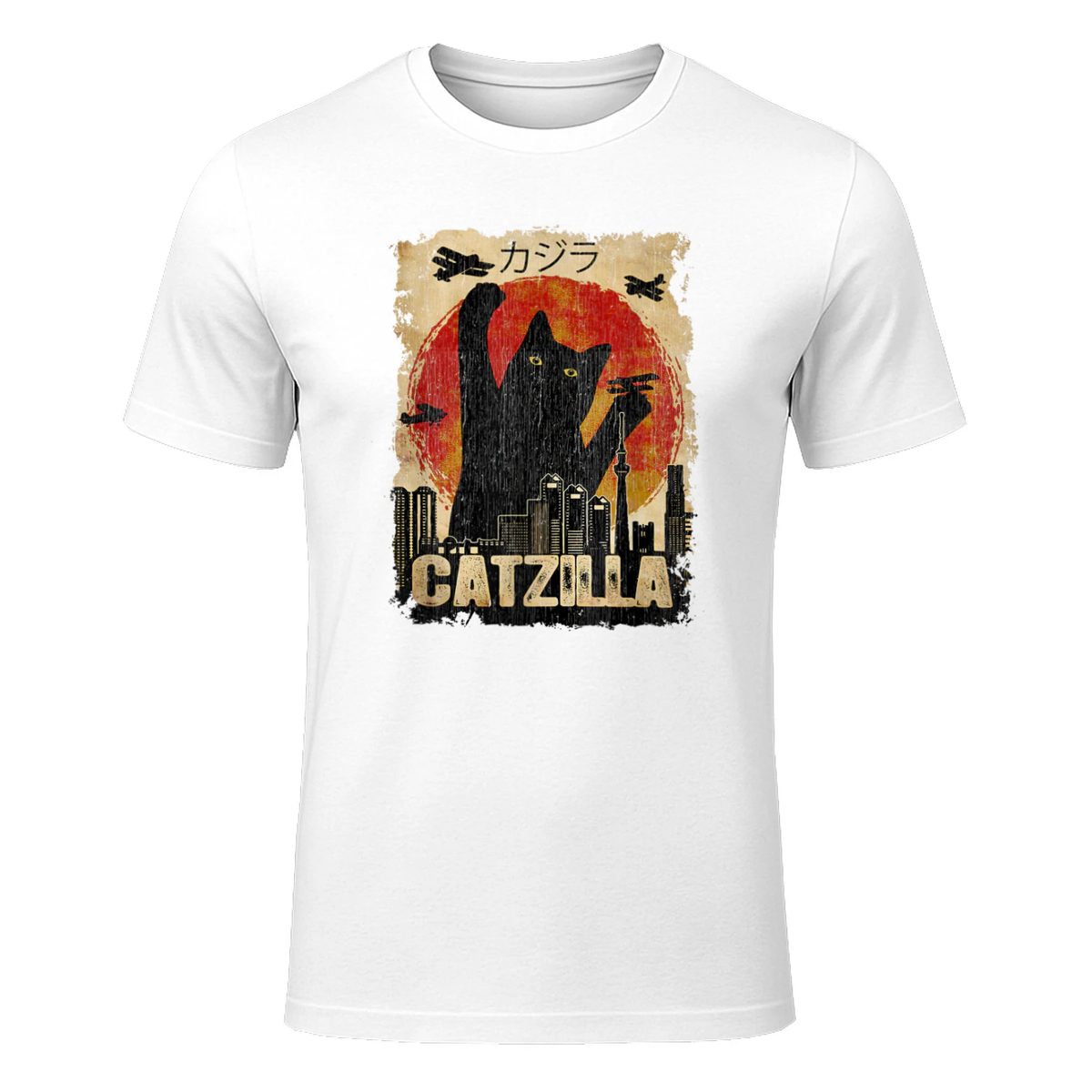 Vintage Catzilla - Funny Kitten and Cat T-Shirt in White - front view