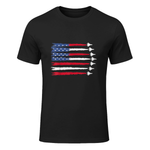 Patriotic Red White Blue USA Flag Fighter Jets 4th of July T-Shirt in Black - front view