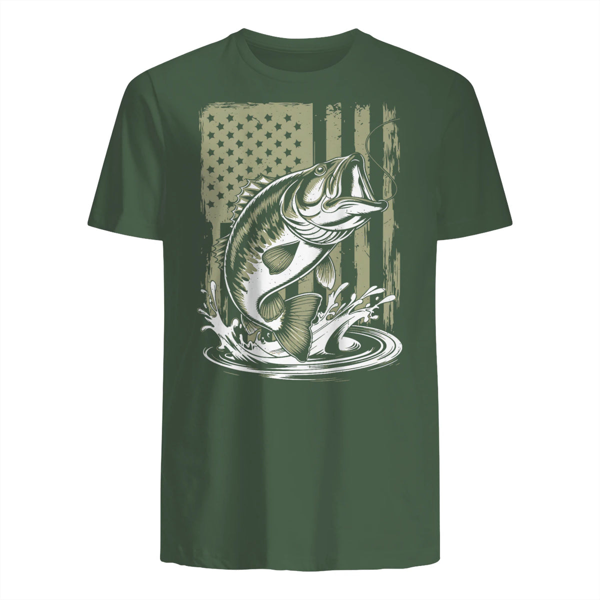 Fishing Camo Bass Fish American Flag Men's Fisherman Gift T-Shirt in Military Green - back view