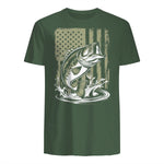 Fishing Camo Bass Fish American Flag Men's Fisherman Gift T-Shirt in Military Green - back view