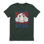 Retro Baseball Sister I'm Just Here for The Snacks Girls Mom T-Shirt in Forest Green - back view
