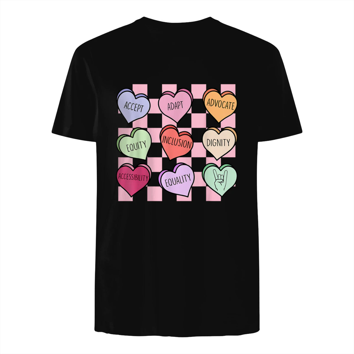 Special Education Teacher Candy Heart Valentines Day Love T-Shirt in Black - back view