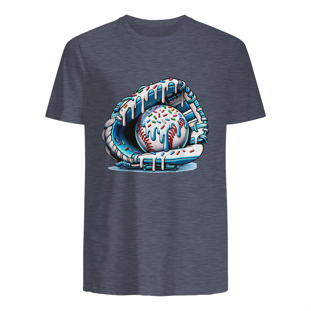 Baseball Drip Ice Cream Sprinkles Baseball Glove T-Shirt in Heather Navy - back view