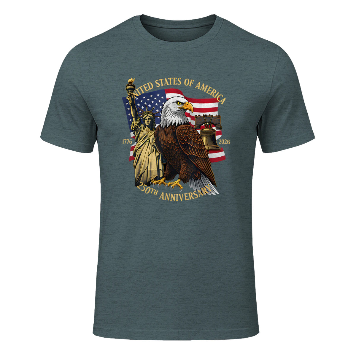 Patriotic Eagle Liberty Bell Anniversary T-Shirt in Dark Heather - front view