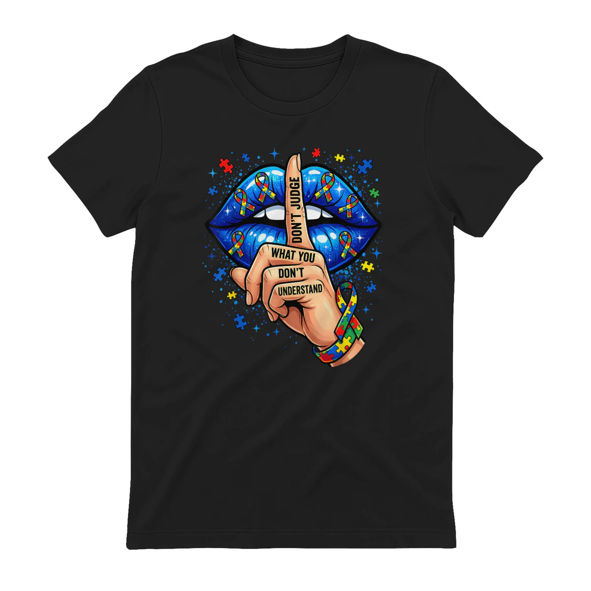 Don't Judge What You Don't Understand Autism Awareness Lips in Black - back view