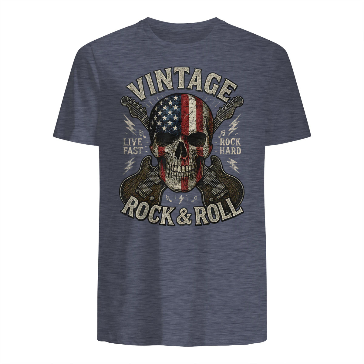 Vintage Rock Skull American Flag Guitar Retro Rock and Roll T-Shirt in Heather Navy - back view