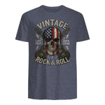 Vintage Rock Skull American Flag Guitar Retro Rock and Roll T-Shirt in Heather Navy - back view