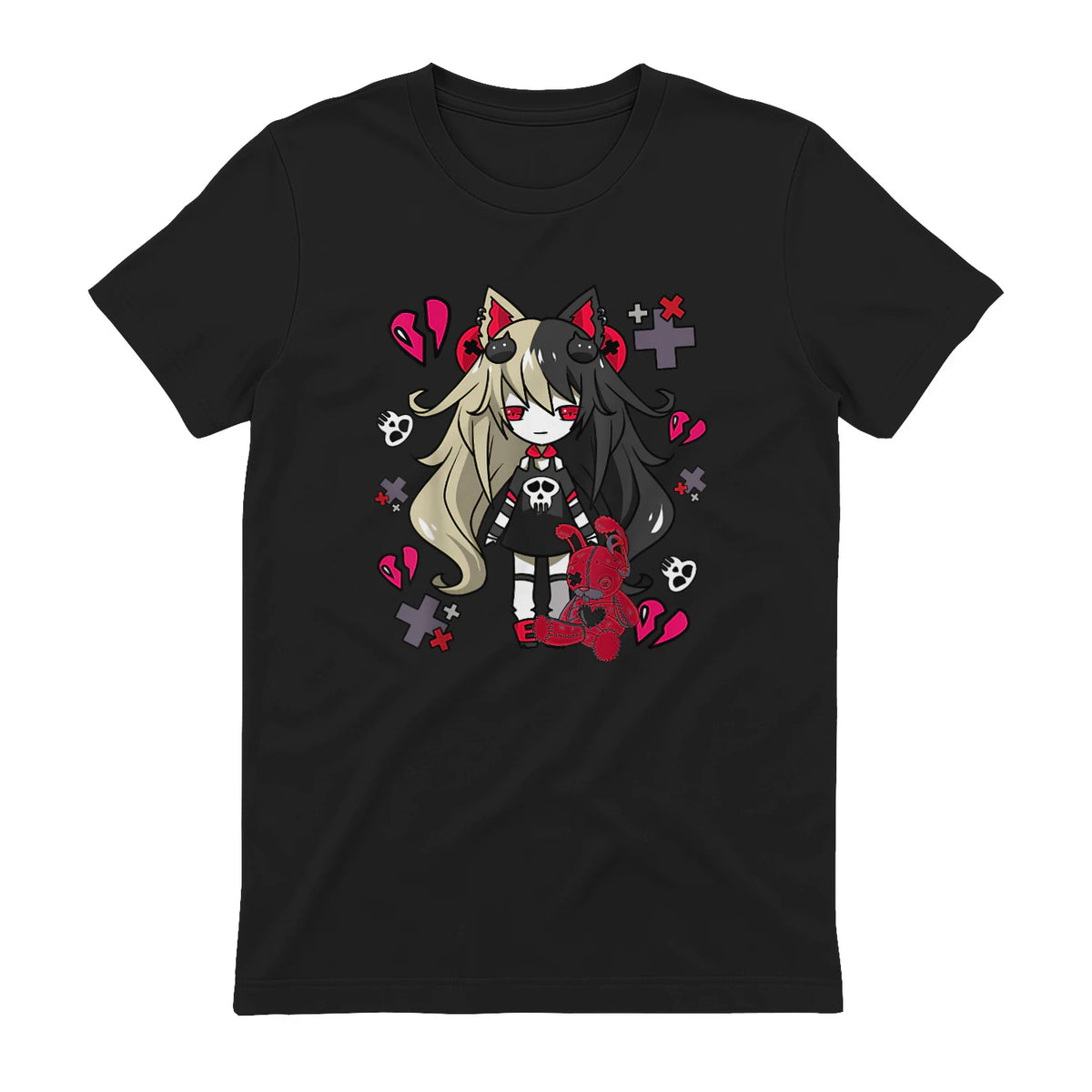 Chibi Kawaii Emo Pastel Goth Girl with Sad Bunny in Black - back view