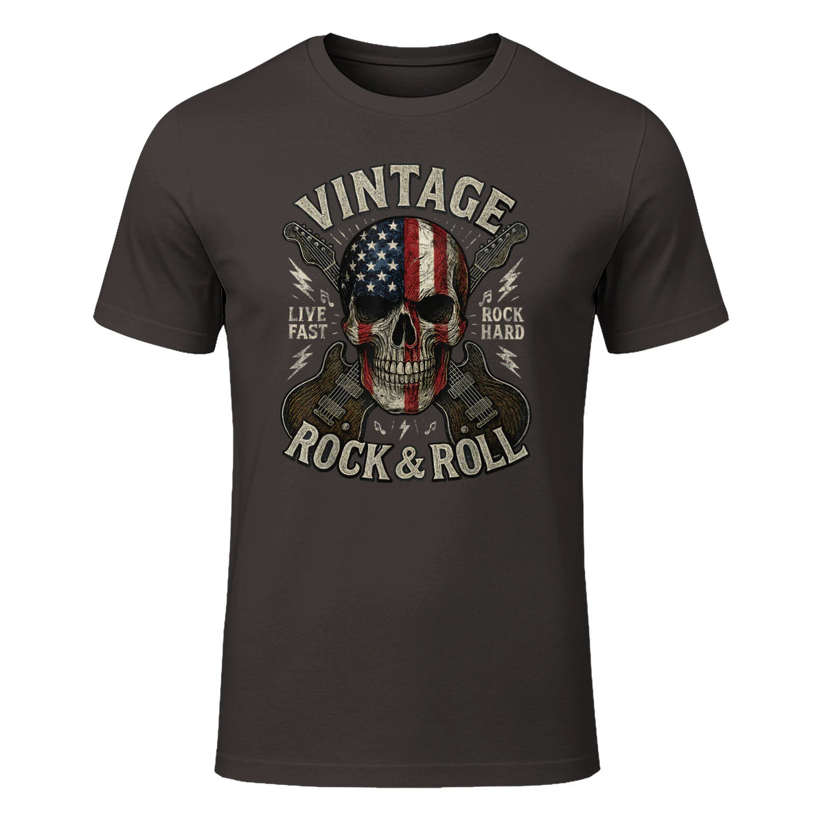 Vintage Rock Skull American Flag Guitar Retro Rock and Roll T-Shirt in Dark Chocolate - front view