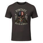 Vintage Rock Skull American Flag Guitar Retro Rock and Roll T-Shirt in Dark Chocolate - front view