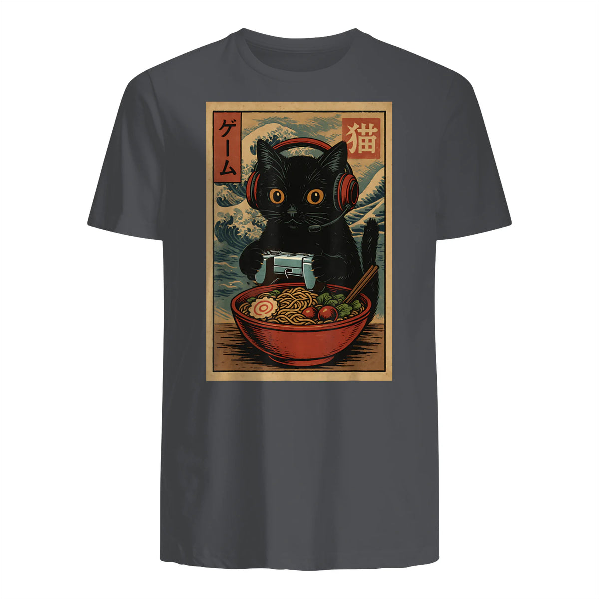 Cute Kawaii Gamer Cat Funny Ramen Retro Japanese Cat Gaming T-Shirt in Charcoal - back view