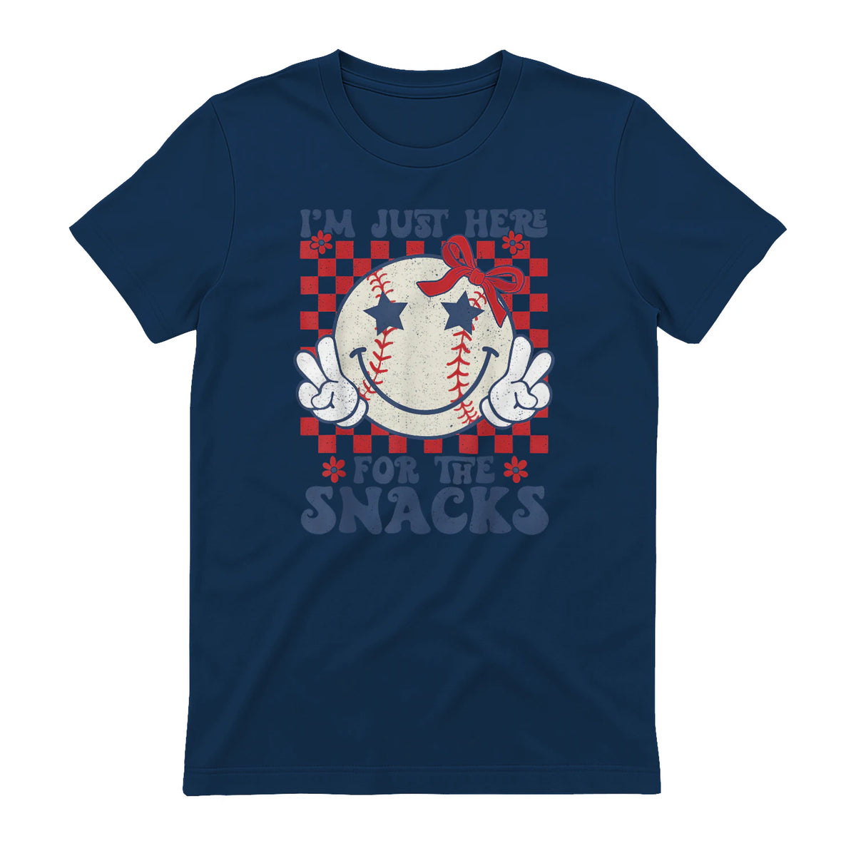 Retro Baseball Sister I'm Just Here for The Snacks Girls Mom T-Shirt in Navy - back view