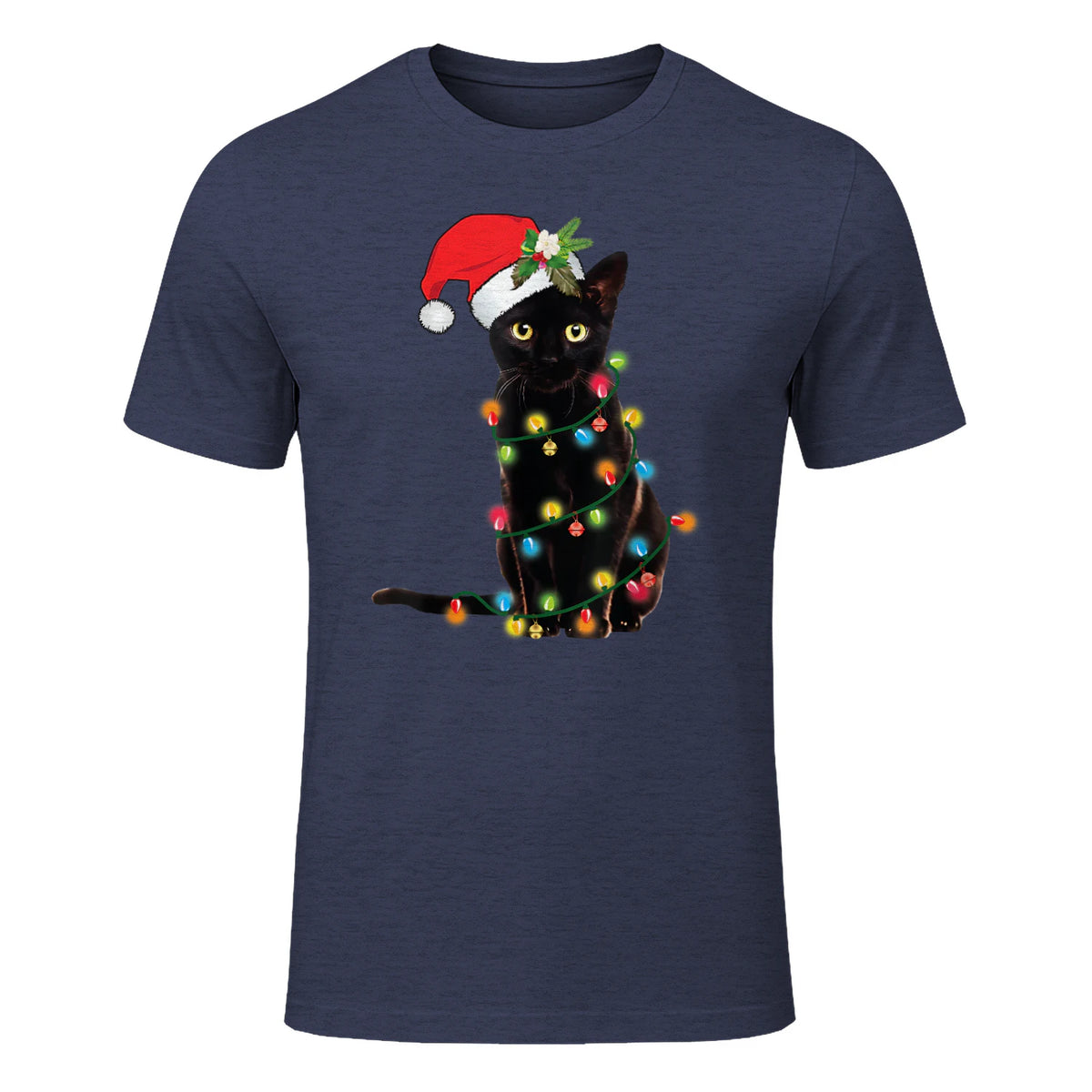 Santa Black Cat Tangled Up In Christmas Tree Lights Holiday in Heather Navy - front view