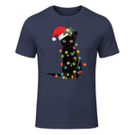 Santa Black Cat Tangled Up In Christmas Tree Lights Holiday in Heather Navy - front view