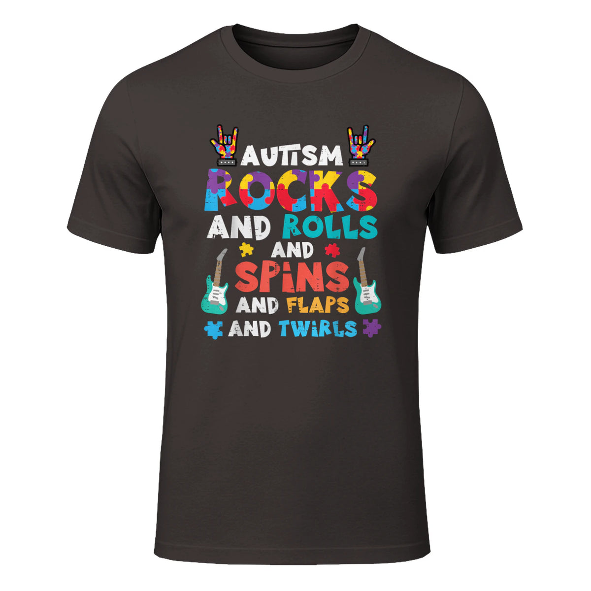 Autism Rocks Rolls Spins Flaps Awareness Boys Kids Women Men in Dark Chocolate - front view
