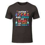 Autism Rocks Rolls Spins Flaps Awareness Boys Kids Women Men in Dark Chocolate - front view