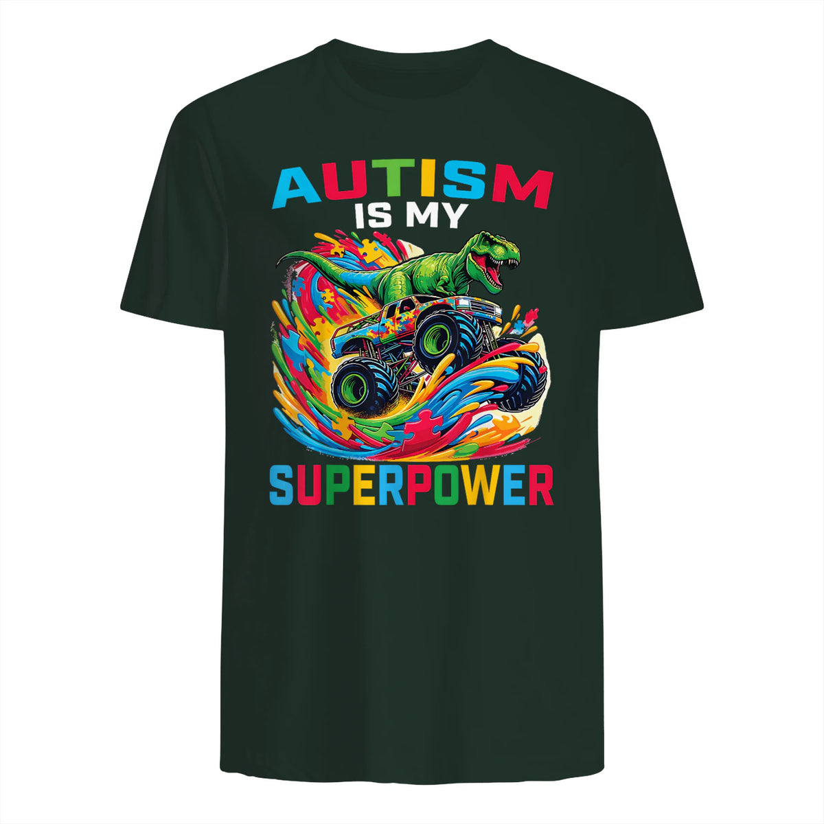 Autism is My Superpower Dino T Rex Monster Truck Kids Boys in Forest Green - back view
