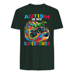 Autism is My Superpower Dino T Rex Monster Truck Kids Boys in Forest Green - back view