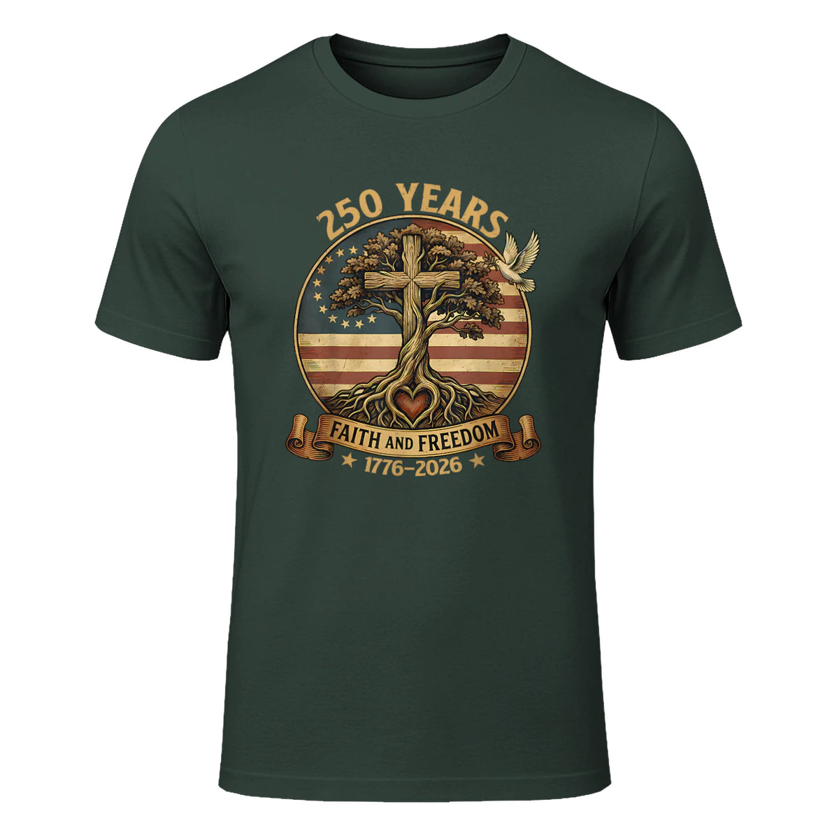 Faith and Freedom Christian USA Anniversary T-Shirt in Forest Green - front view